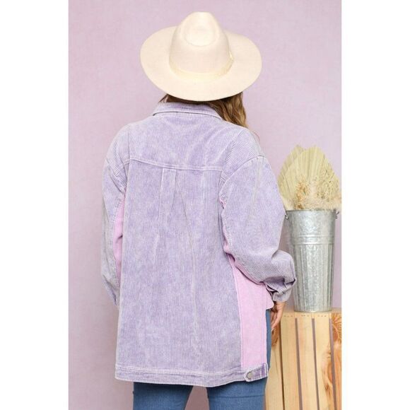 Peach Love Pink Lilac Corduroy Shacket High Low Contrast Button Up IJ34351-01 - Picture 4 of 5